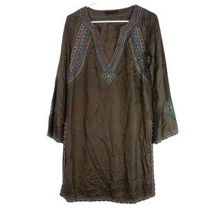 BCBG Maxazria Beaded Silk V-Neck Tunic Blouse XS Brown 3/4 Sleeve Semi Sheer